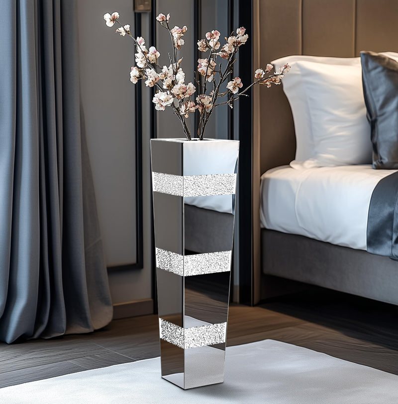 Tall Floor Vase Crushed Diamond : 71.5cm Silver Crystal Mirrored Flower Vase Tall for Large Dried Flowers, Pampas Grass - Modern Luxury Standing Flower Vases Decor for Living Room & Corners