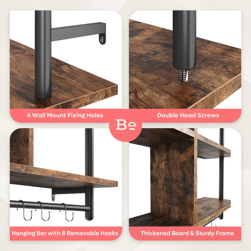 Bestier 3 Tier Floating Pipe Shelving 105.5CM Industrial Wall Mounted Ladder Shelf Hanging with Circular Tube with Hooks Wood Display Storage Home Decor Book Shelves