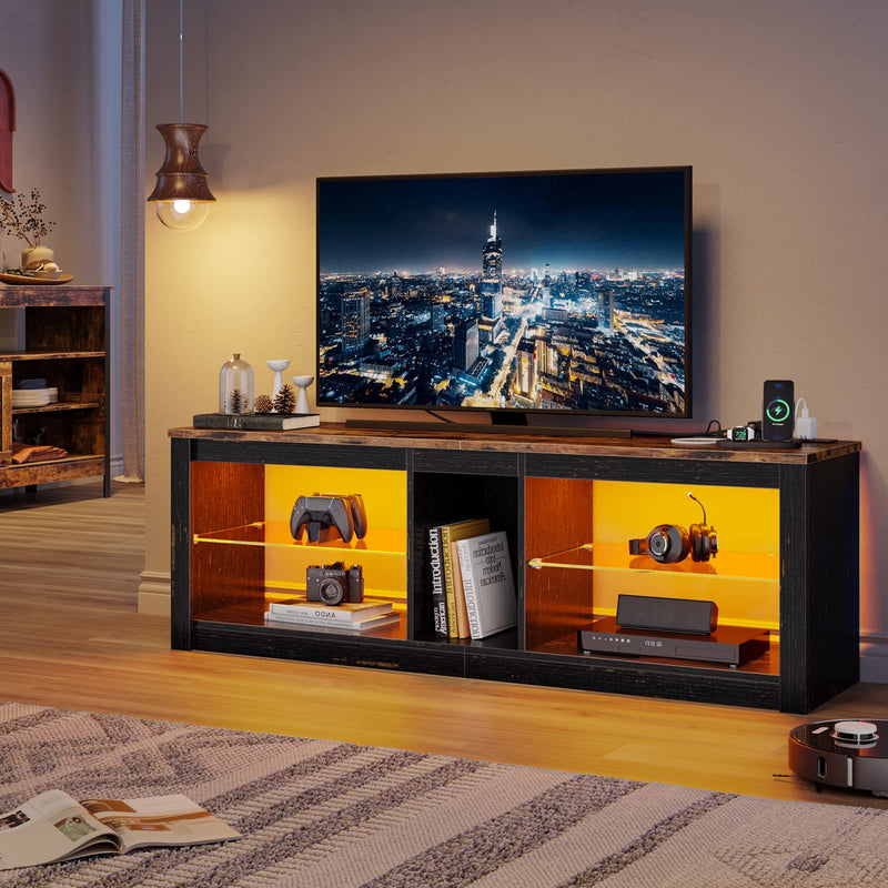 Bestier TV Stand Cabinet 140CM Entertainment Center Led Tv Stand Modern TV Unit with Glass Shelf RGB LED Lighted for 55 inch TVs with Ambient Lights for Living Room Bedroom (Rustic Brown)