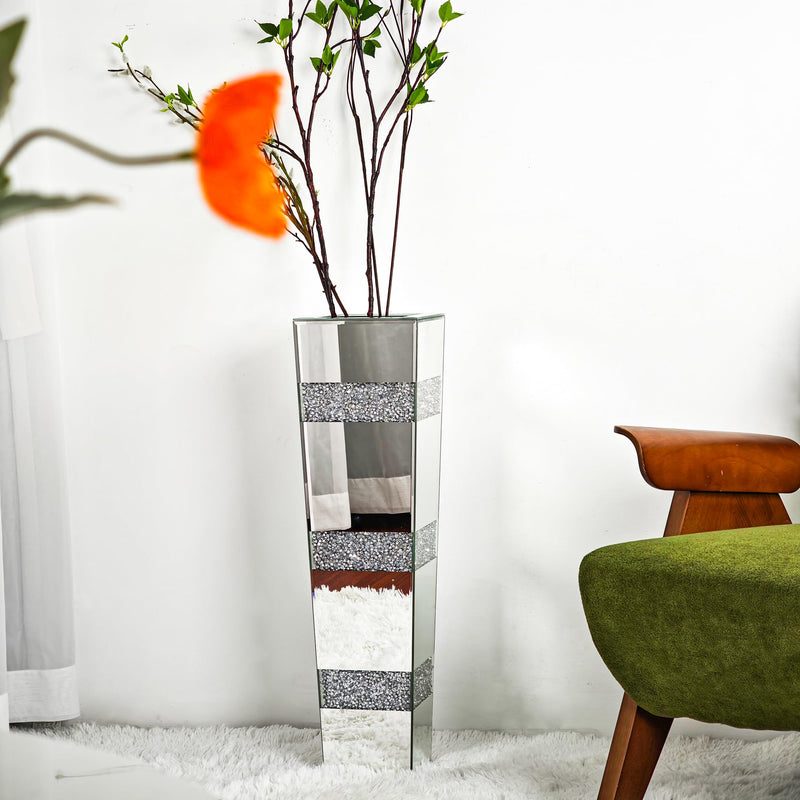 Tall Floor Vase Crushed Diamond : 71.5cm Silver Crystal Mirrored Flower Vase Tall for Large Dried Flowers, Pampas Grass - Modern Luxury Standing Flower Vases Decor for Living Room & Corners