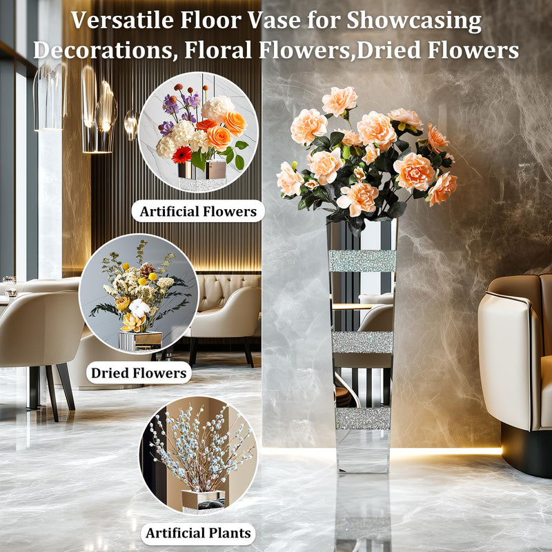 Tall Floor Vase Crushed Diamond : 71.5cm Silver Crystal Mirrored Flower Vase Tall for Large Dried Flowers, Pampas Grass - Modern Luxury Standing Flower Vases Decor for Living Room & Corners