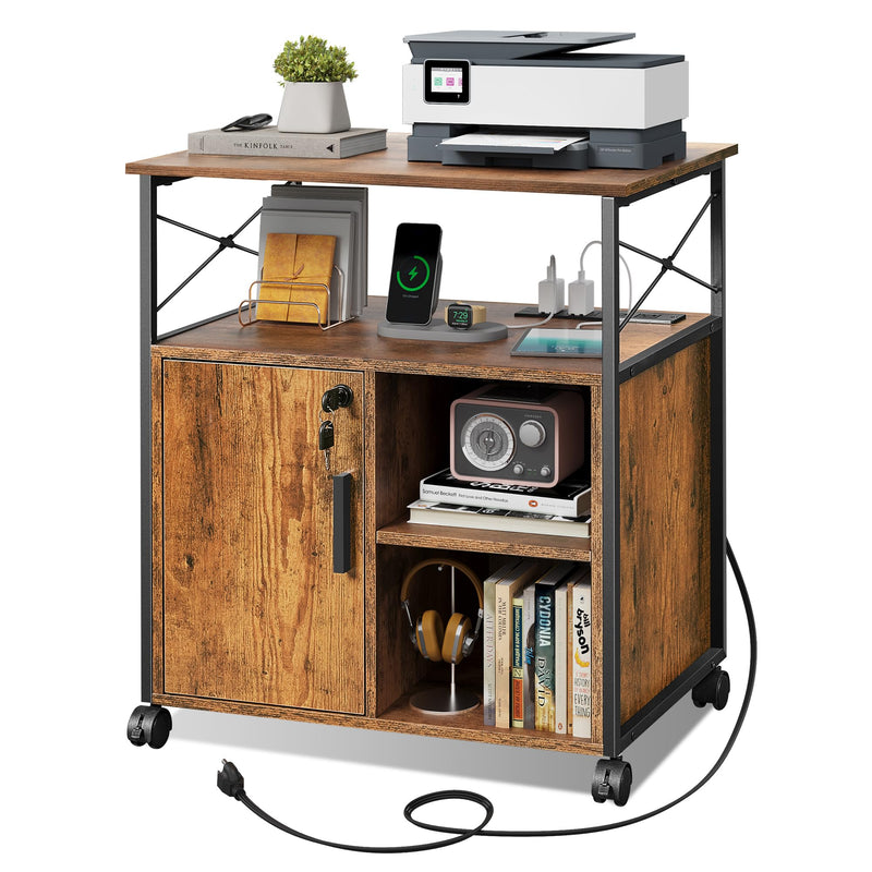 DEVAISE Mobile File Cabinet with Charging Station, Lockable Lateral for Home Office, Printer Cabinet Accommodates A4 Size File Folders, Rustic Brown