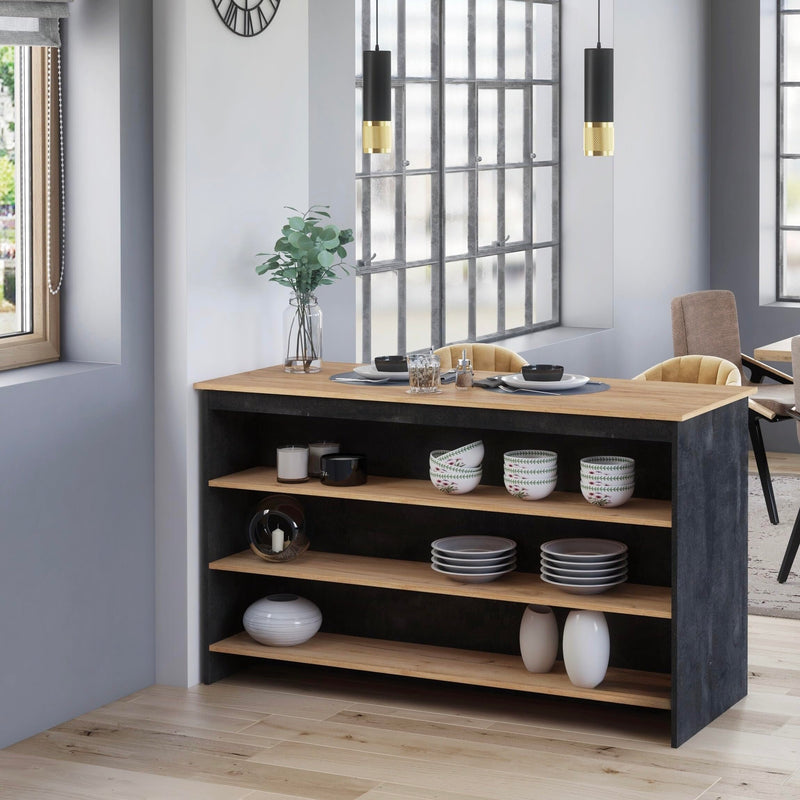 Furneo Kitchen Island 04 – Modern Kitchen Island with Breakfast Bar and Shelves, Black Concrete & Oak Effect Finish