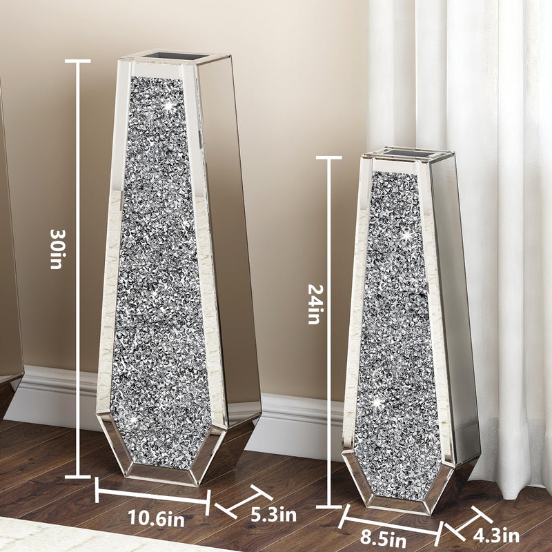 SHYFOY Large Tall Floor Vase, 76cm Indoor Modern Tall Vases Silver with Crystal Diamond and Mirror Design for Living Room Floor Decoration, Black