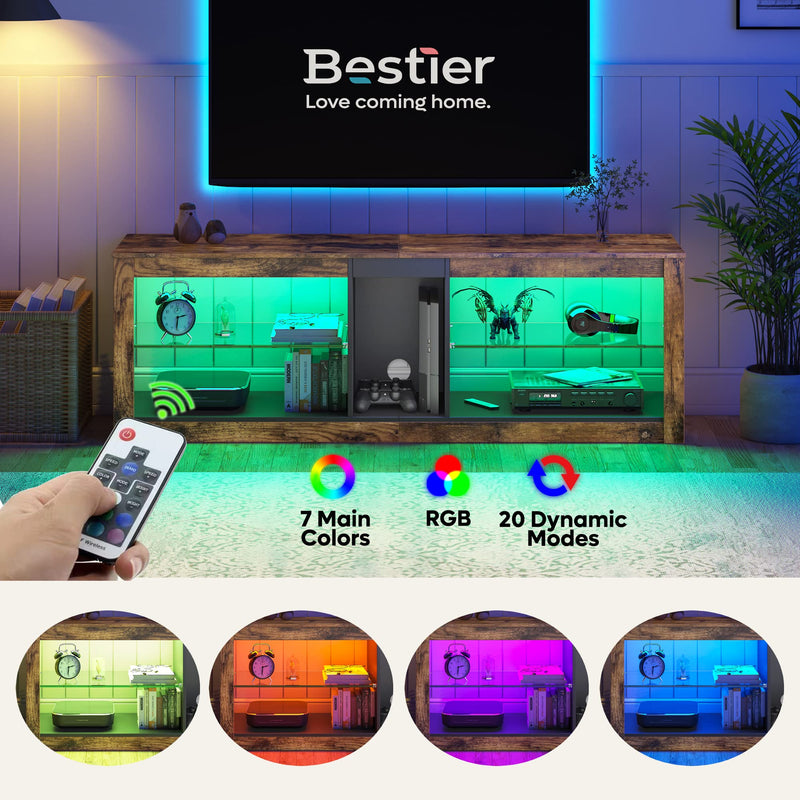 Bestier TV Stand Cabinet 140CM Entertainment Center Led Tv Stand Modern TV Unit with Glass Shelf RGB LED Lighted for 55 inch TVs with Ambient Lights for Living Room Bedroom (Rustic Brown)