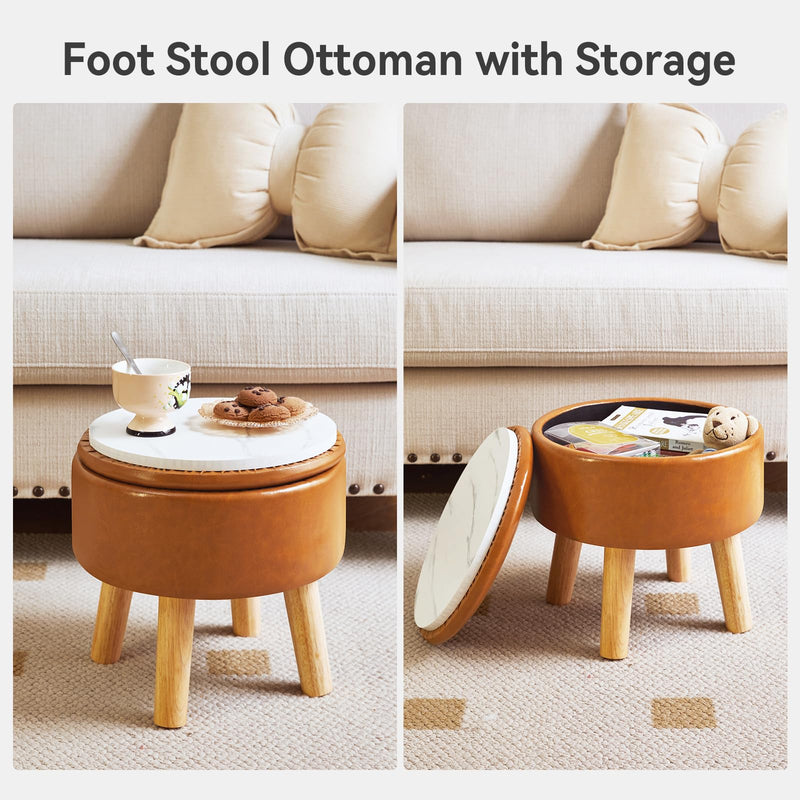 IBUYKE 13 Inch Small Footstool Ottoman with Storage, Round Pouffe Foot Rest with Padded Seat and Wood Legs, Teddy Velvet Mini Footstool for Living Room Couch Bedroom Entryway, Pink WBD006P