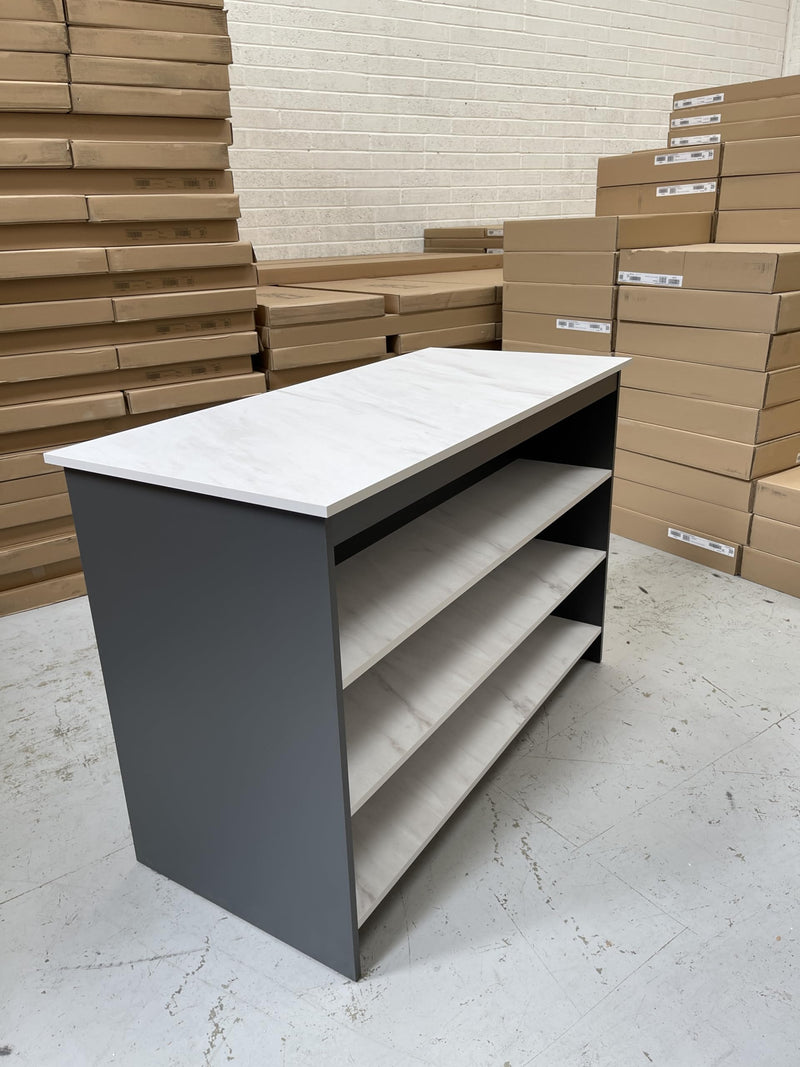 Furneo Kitchen Island 04 – Modern Kitchen Island with Breakfast Bar and Shelves, Black Concrete & Oak Effect Finish