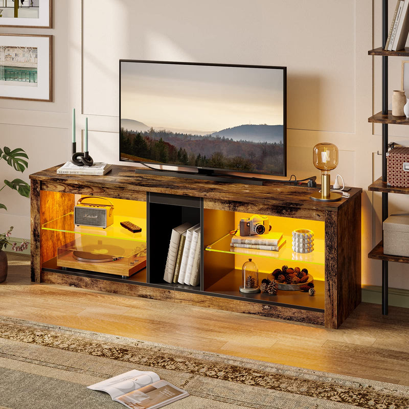 Bestier TV Stand Cabinet 140CM Entertainment Center Led Tv Stand Modern TV Unit with Glass Shelf RGB LED Lighted for 55 inch TVs with Ambient Lights for Living Room Bedroom (Rustic Brown)