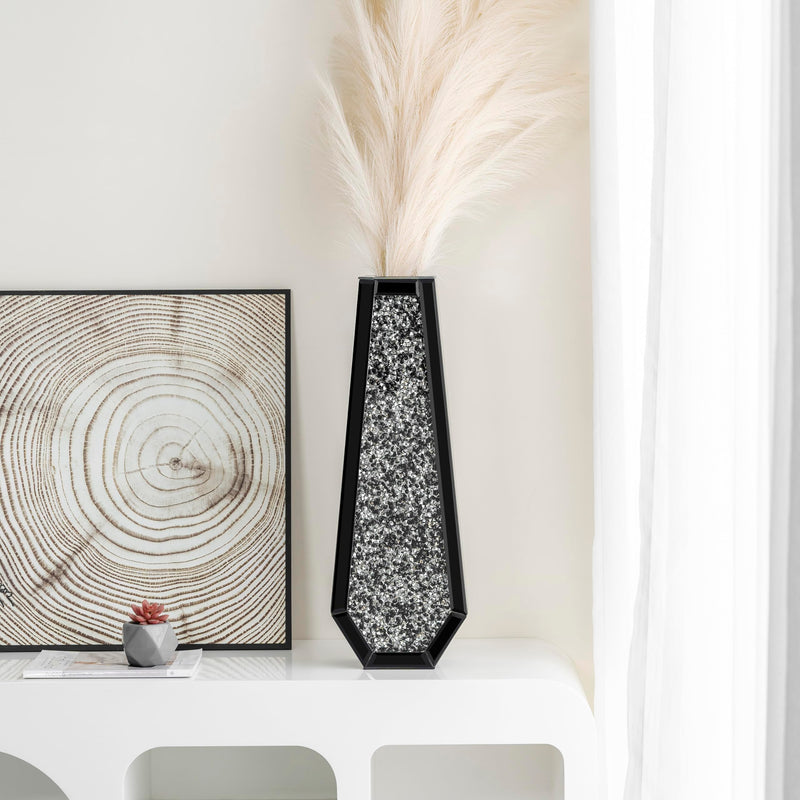 SHYFOY Large Tall Floor Vase, 76cm Indoor Modern Tall Vases Silver with Crystal Diamond and Mirror Design for Living Room Floor Decoration, Black