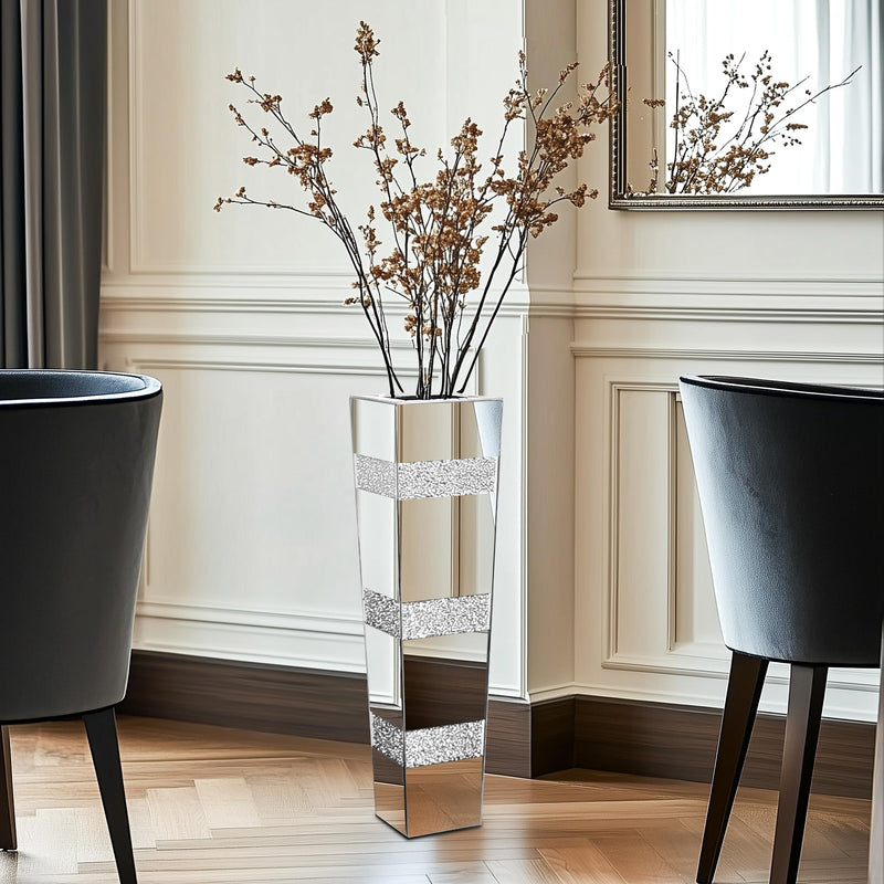 Tall Floor Vase Crushed Diamond : 71.5cm Silver Crystal Mirrored Flower Vase Tall for Large Dried Flowers, Pampas Grass - Modern Luxury Standing Flower Vases Decor for Living Room & Corners