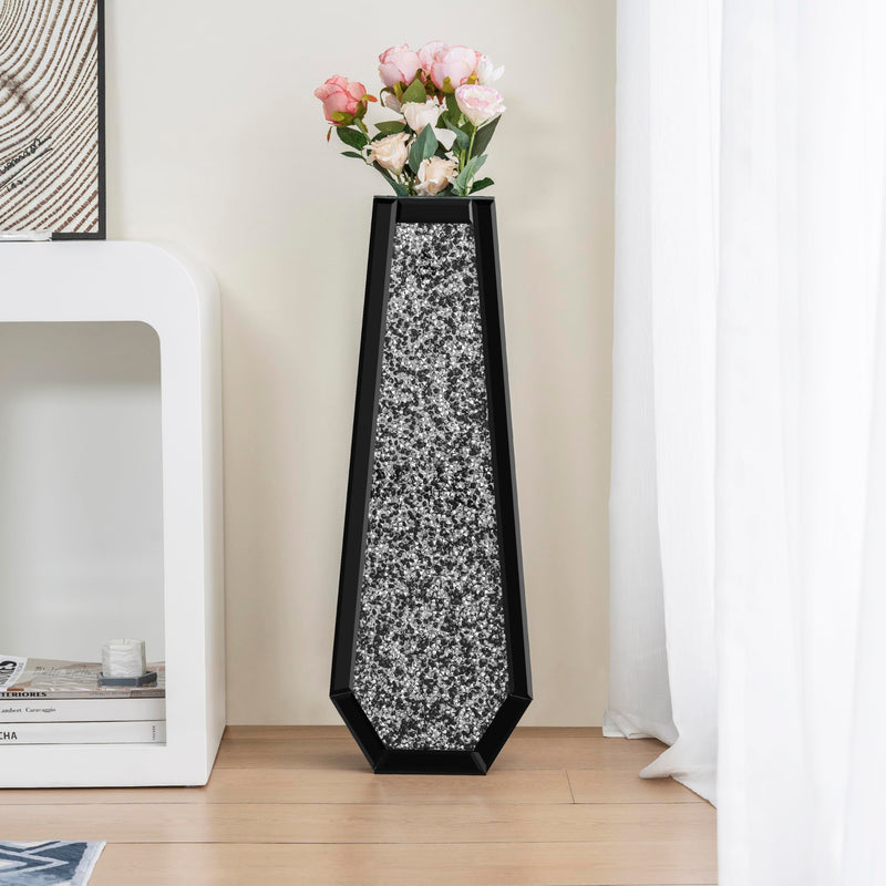 SHYFOY Large Tall Floor Vase, 76cm Indoor Modern Tall Vases Silver with Crystal Diamond and Mirror Design for Living Room Floor Decoration, Black