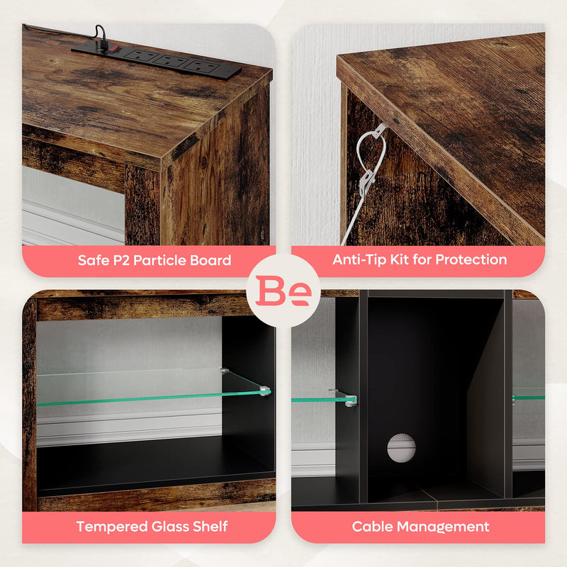 Bestier TV Stand Cabinet 140CM Entertainment Center Led Tv Stand Modern TV Unit with Glass Shelf RGB LED Lighted for 55 inch TVs with Ambient Lights for Living Room Bedroom (Rustic Brown)