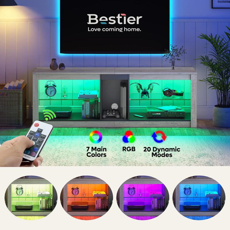 Bestier TV Stand Cabinet 140CM Entertainment Center Led Tv Stand Modern TV Unit with Glass Shelf RGB LED Lighted for 55 inch TVs with Ambient Lights for Living Room Bedroom (Rustic Brown)
