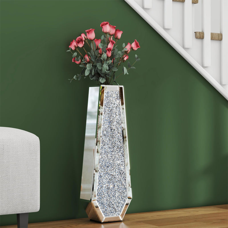 SHYFOY Large Tall Floor Vase, 76cm Indoor Modern Tall Vases Silver with Crystal Diamond and Mirror Design for Living Room Floor Decoration, Black