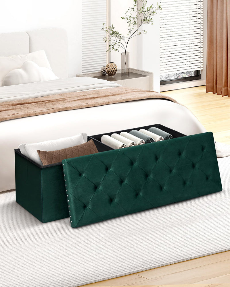Bonlife Velvet Ottoman with Storage, Extra Large Storage Boxes with Lids, Folding Ottoman Bench Seat, Footstool for Living Room,110X40X40cm