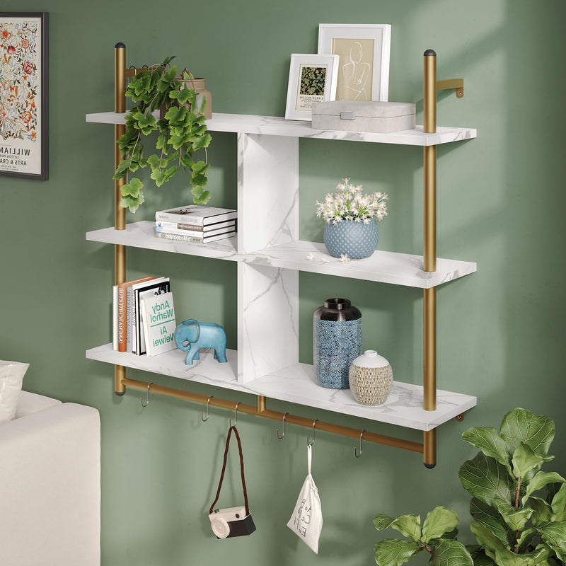 Bestier 3 Tier Floating Pipe Shelving 105.5CM Industrial Wall Mounted Ladder Shelf Hanging with Circular Tube with Hooks Wood Display Storage Home Decor Book Shelves