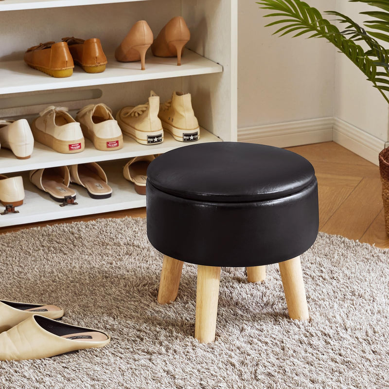 IBUYKE 13 Inch Small Footstool Ottoman with Storage, Round Pouffe Foot Rest with Padded Seat and Wood Legs, Teddy Velvet Mini Footstool for Living Room Couch Bedroom Entryway, Pink WBD006P