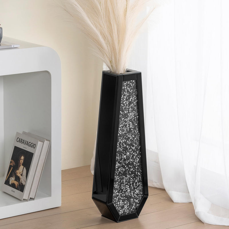 SHYFOY Large Tall Floor Vase, 76cm Indoor Modern Tall Vases Silver with Crystal Diamond and Mirror Design for Living Room Floor Decoration, Black