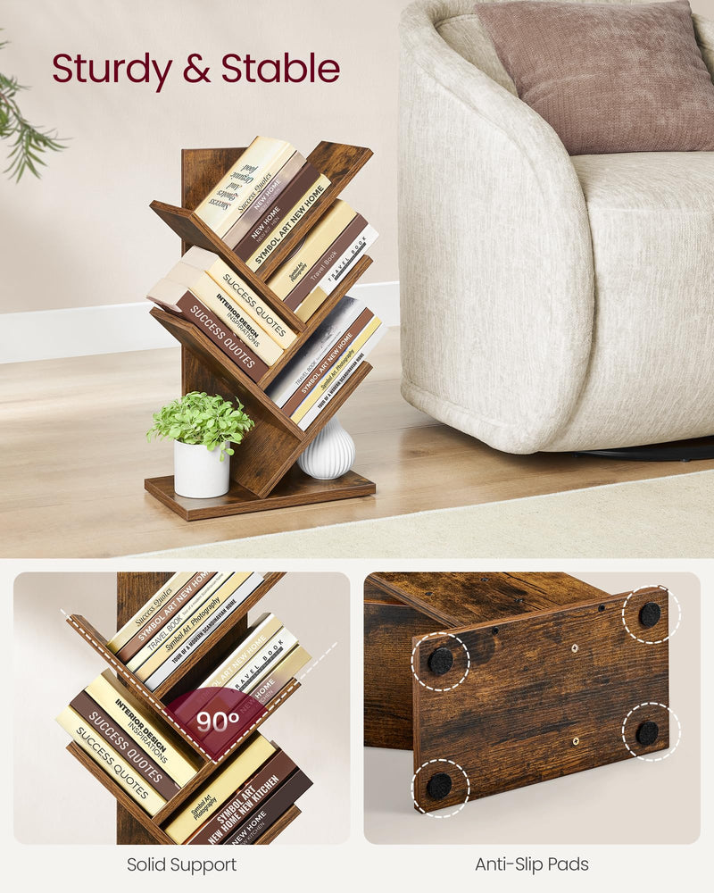 VASAGLE Tree Bookshelf, 5-Tier Floor Standing Bookcase, Space-Saving Corner Shelf, with Wooden Shelves for Bedroom, Living Room, Home Office, Rustic Brown LBC183X01