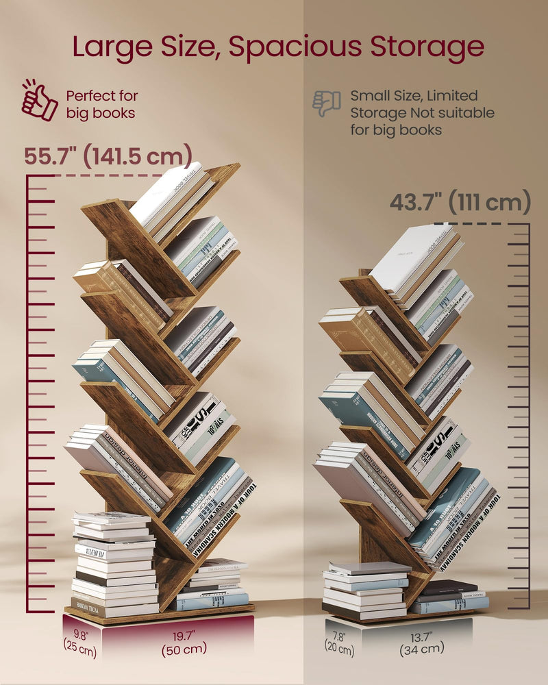 VASAGLE Tree Bookshelf, 5-Tier Floor Standing Bookcase, Space-Saving Corner Shelf, with Wooden Shelves for Bedroom, Living Room, Home Office, Rustic Brown LBC183X01