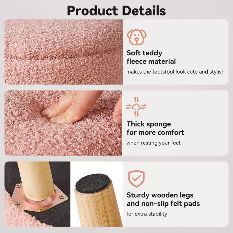 IBUYKE 13 Inch Small Footstool Ottoman with Storage, Round Pouffe Foot Rest with Padded Seat and Wood Legs, Teddy Velvet Mini Footstool for Living Room Couch Bedroom Entryway, Pink WBD006P