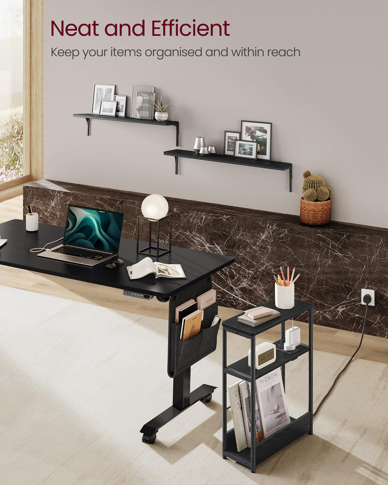 VASAGLE Slim Side Table with Charging Station, 3-Tier Narrow Bedside Table, End Table for Small Spaces, Magazine Rack, for Living Room, Bedroom, Study, Rustic Brown and Ink Black LET335K03
