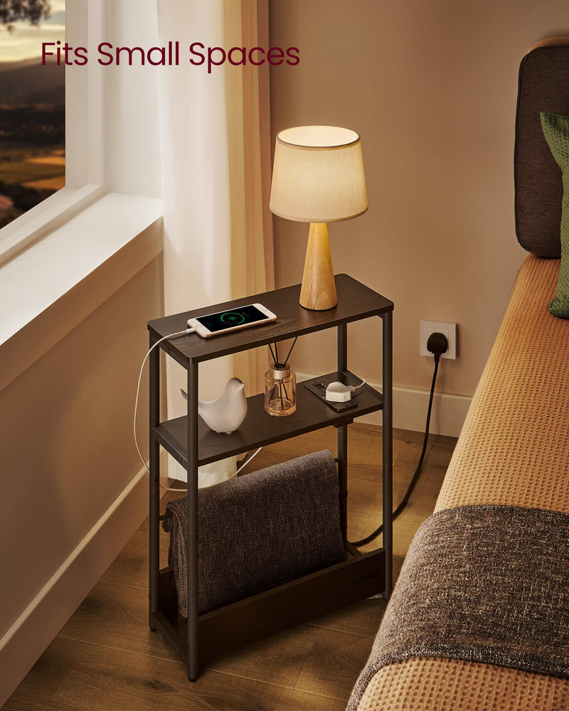 VASAGLE Slim Side Table with Charging Station, 3-Tier Narrow Bedside Table, End Table for Small Spaces, Magazine Rack, for Living Room, Bedroom, Study, Rustic Brown and Ink Black LET335K03