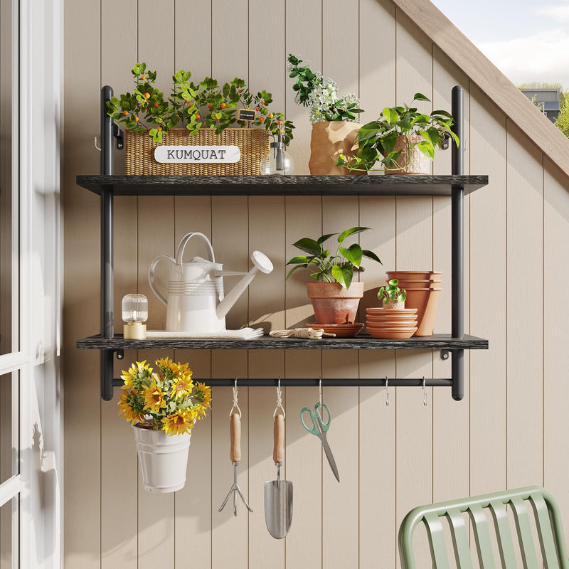 Bestier 3 Tier Floating Pipe Shelving 105.5CM Industrial Wall Mounted Ladder Shelf Hanging with Circular Tube with Hooks Wood Display Storage Home Decor Book Shelves