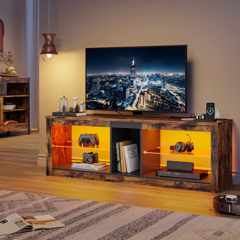 Bestier TV Stand Cabinet 140CM Entertainment Center Led Tv Stand Modern TV Unit with Glass Shelf RGB LED Lighted for 55 inch TVs with Ambient Lights for Living Room Bedroom (Rustic Brown)