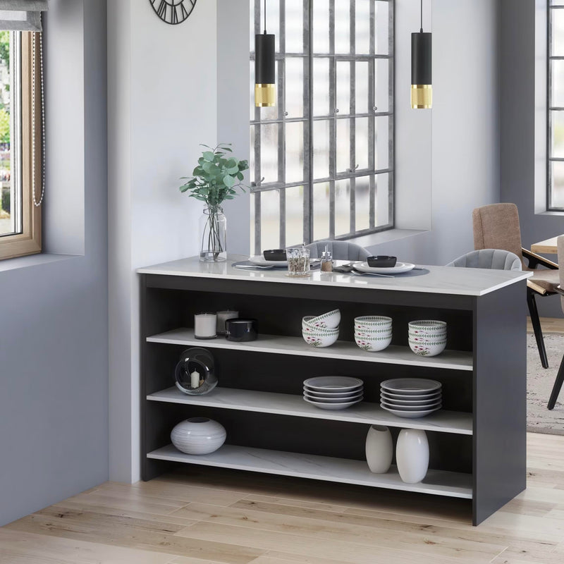 Furneo Kitchen Island 04 – Modern Kitchen Island with Breakfast Bar and Shelves, Black Concrete & Oak Effect Finish