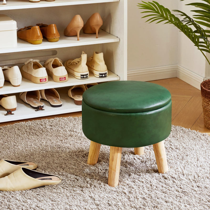 IBUYKE 13 Inch Small Footstool Ottoman with Storage, Round Pouffe Foot Rest with Padded Seat and Wood Legs, Teddy Velvet Mini Footstool for Living Room Couch Bedroom Entryway, Pink WBD006P