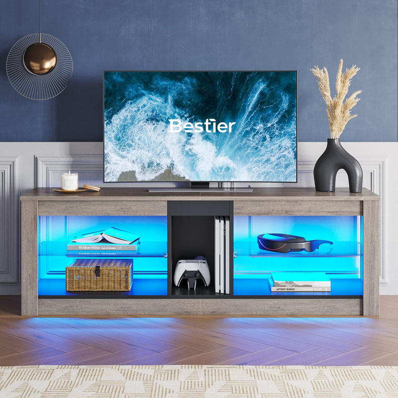 Bestier TV Stand Cabinet 140CM Entertainment Center Led Tv Stand Modern TV Unit with Glass Shelf RGB LED Lighted for 55 inch TVs with Ambient Lights for Living Room Bedroom (Rustic Brown)