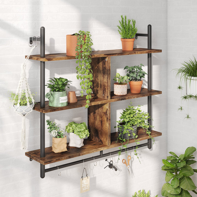 Bestier 3 Tier Floating Pipe Shelving 105.5CM Industrial Wall Mounted Ladder Shelf Hanging with Circular Tube with Hooks Wood Display Storage Home Decor Book Shelves
