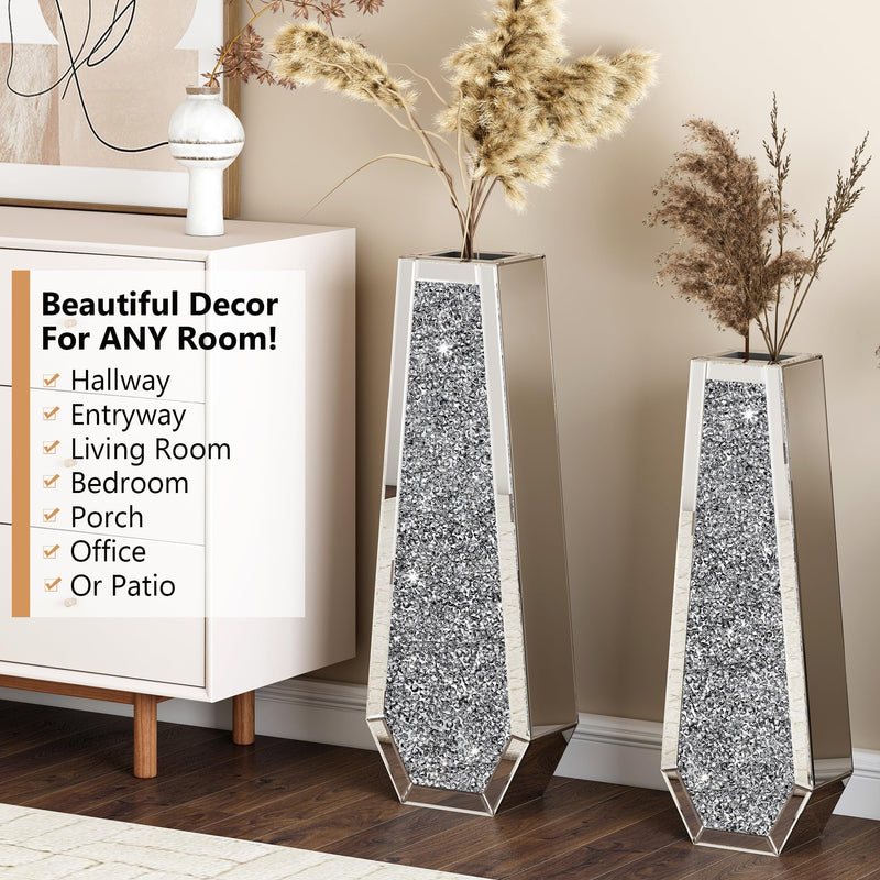 SHYFOY Large Tall Floor Vase, 76cm Indoor Modern Tall Vases Silver with Crystal Diamond and Mirror Design for Living Room Floor Decoration, Black