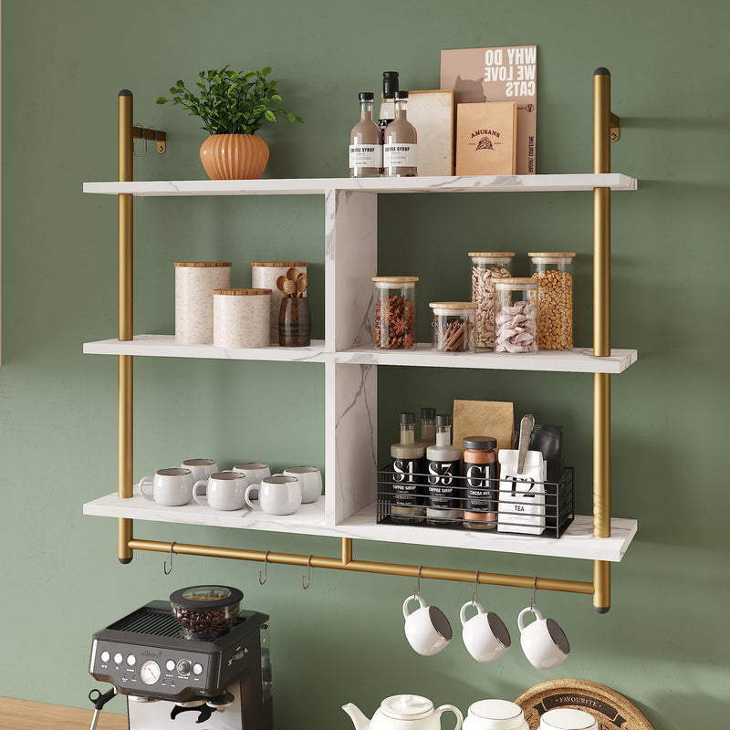 Bestier 3 Tier Floating Pipe Shelving 105.5CM Industrial Wall Mounted Ladder Shelf Hanging with Circular Tube with Hooks Wood Display Storage Home Decor Book Shelves