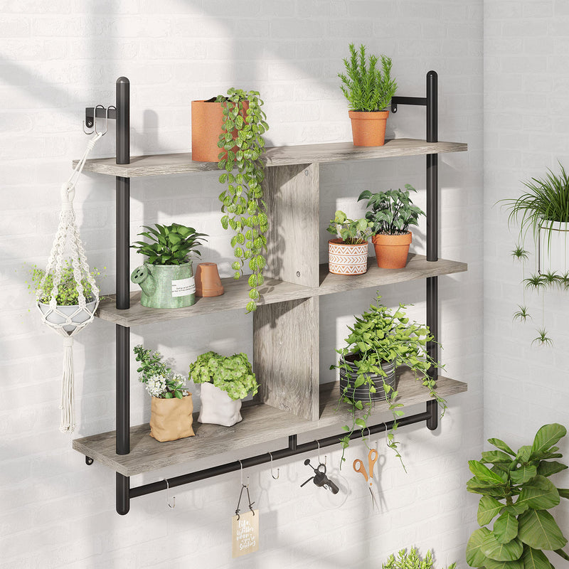 Bestier 3 Tier Floating Pipe Shelving 105.5CM Industrial Wall Mounted Ladder Shelf Hanging with Circular Tube with Hooks Wood Display Storage Home Decor Book Shelves
