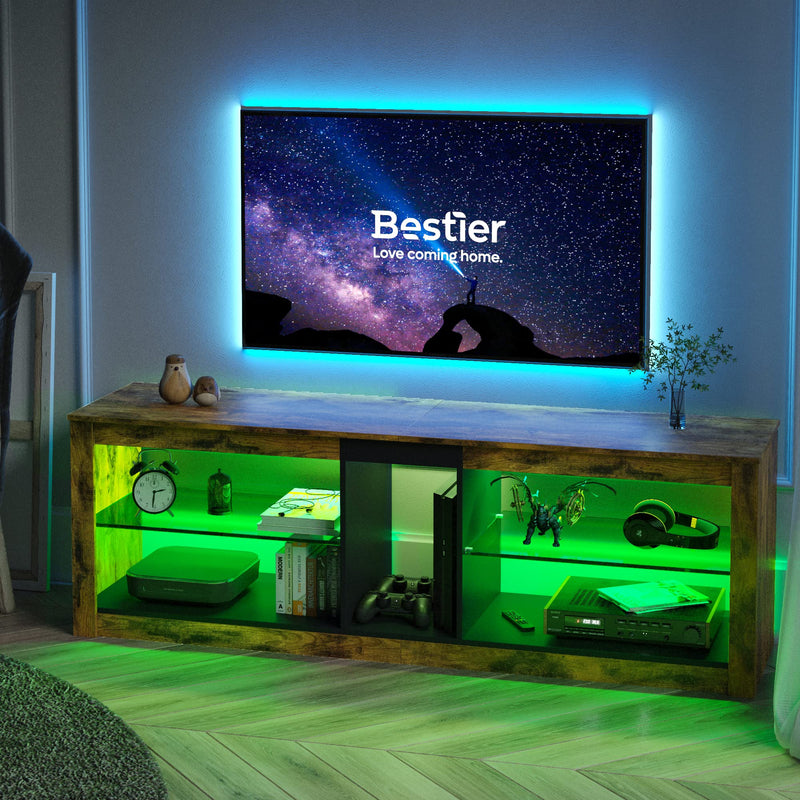 Bestier TV Stand Cabinet 140CM Entertainment Center Led Tv Stand Modern TV Unit with Glass Shelf RGB LED Lighted for 55 inch TVs with Ambient Lights for Living Room Bedroom (Rustic Brown)