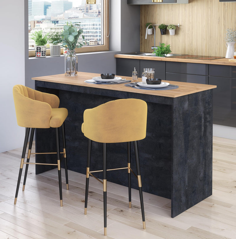 Furneo Kitchen Island 04 – Modern Kitchen Island with Breakfast Bar and Shelves, Black Concrete & Oak Effect Finish
