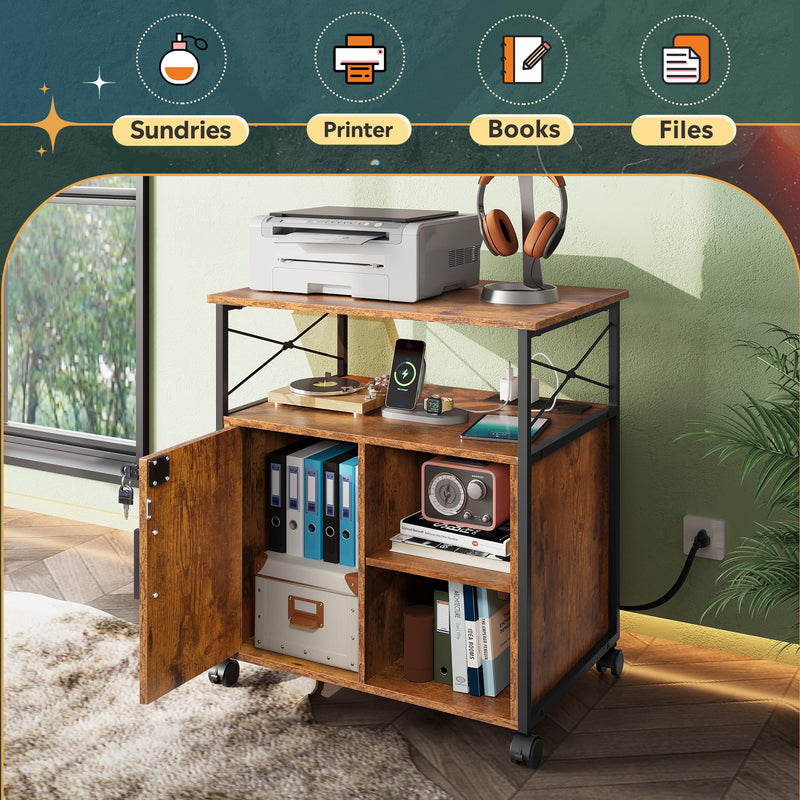 DEVAISE Mobile File Cabinet with Charging Station, Lockable Lateral for Home Office, Printer Cabinet Accommodates A4 Size File Folders, Rustic Brown