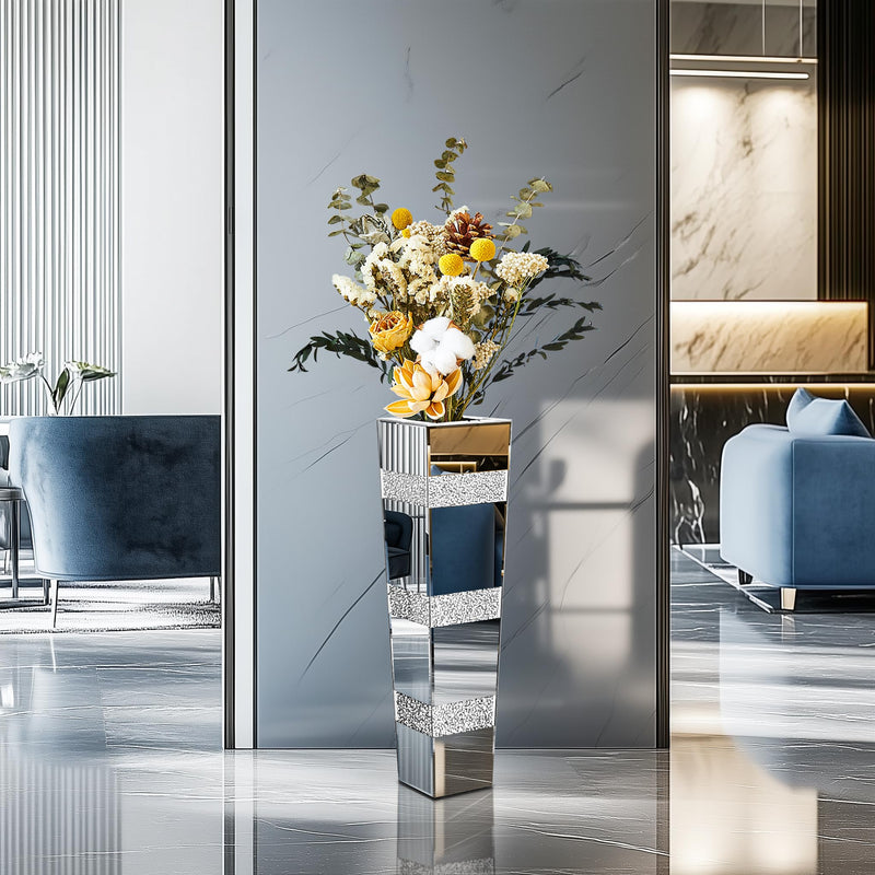 Tall Floor Vase Crushed Diamond : 71.5cm Silver Crystal Mirrored Flower Vase Tall for Large Dried Flowers, Pampas Grass - Modern Luxury Standing Flower Vases Decor for Living Room & Corners