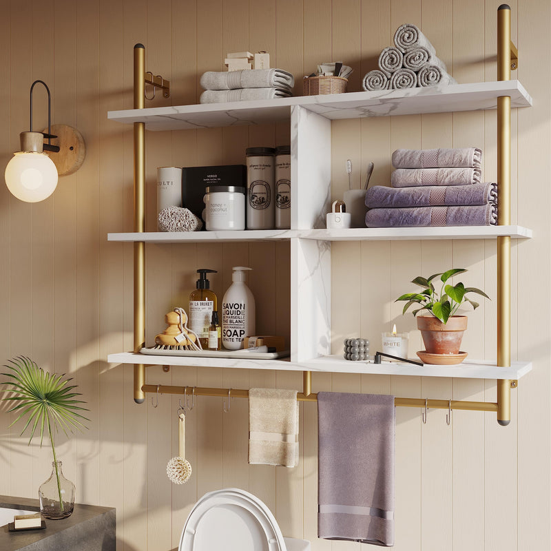 Bestier 3 Tier Floating Pipe Shelving 105.5CM Industrial Wall Mounted Ladder Shelf Hanging with Circular Tube with Hooks Wood Display Storage Home Decor Book Shelves